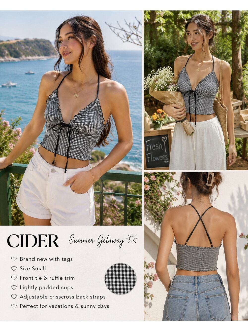 Cider Gingham Front Tie Cami Top NWT Cottagecore Coquette Y2K Picnic Summer S